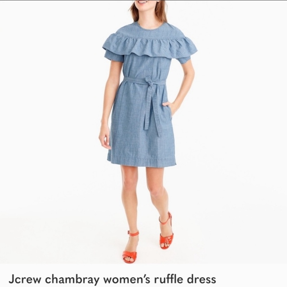 J. Crew Edie Chambray Cotton Ruffle Dress